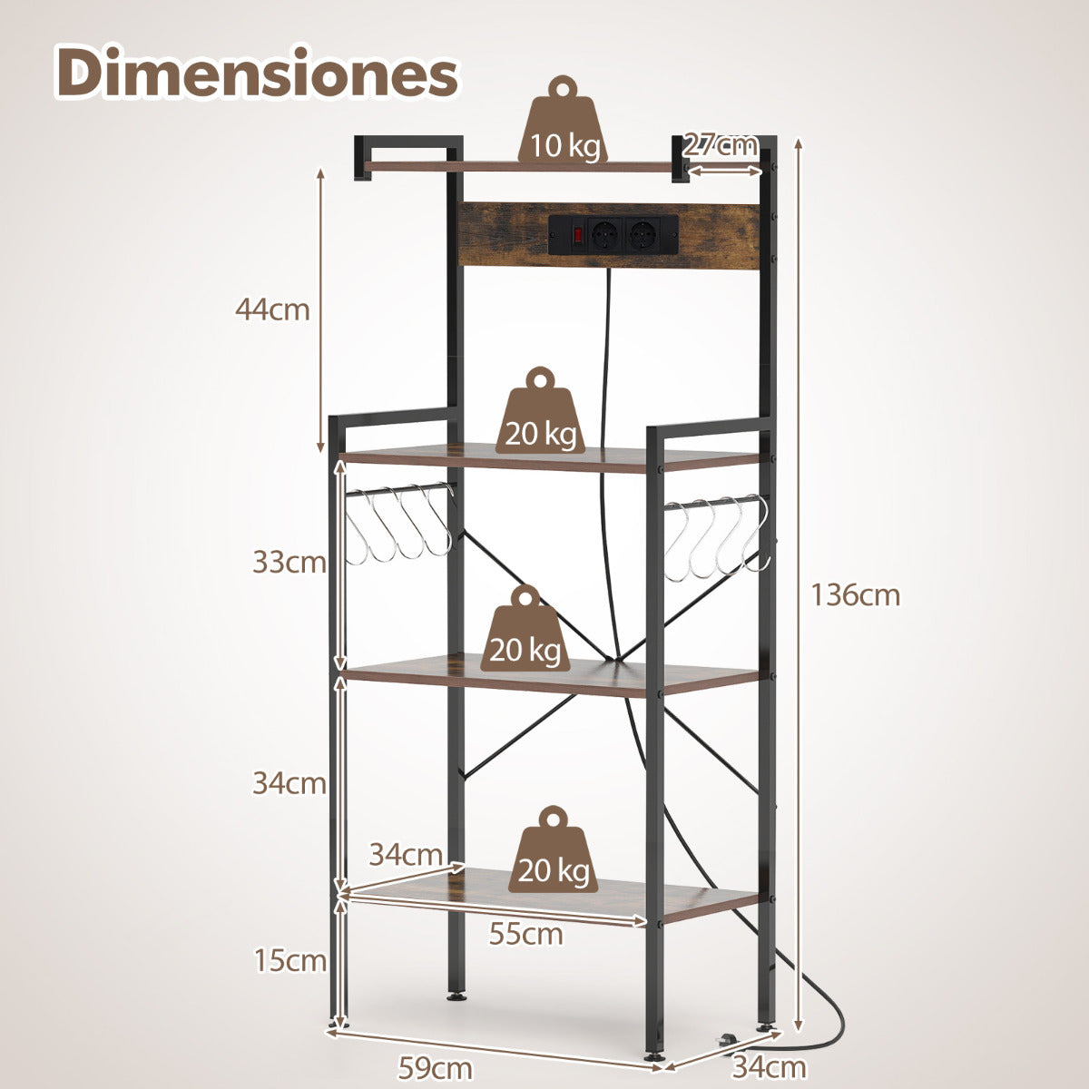 Estante para Panadería de Cocina con Enchufes Soporte para Microondas de 4 Niveles con 8 Ganchos Estación de Bar de Café para Comedor Marrón