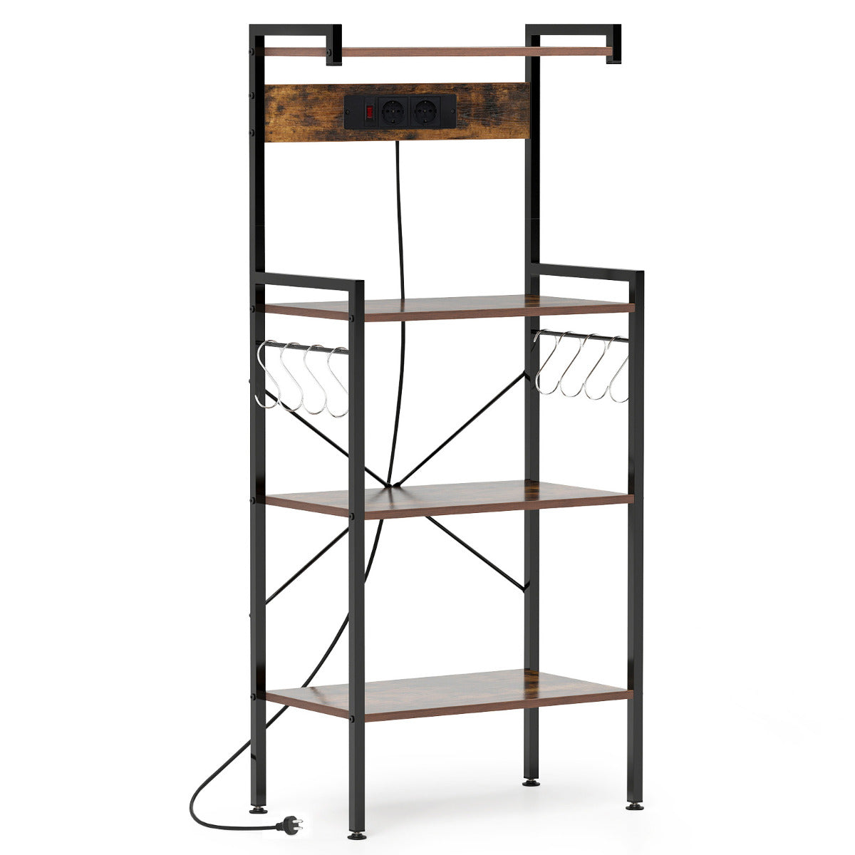 Estante para Panadería de Cocina con Enchufes Soporte para Microondas de 4 Niveles con 8 Ganchos Estación de Bar de Café para Comedor Marrón