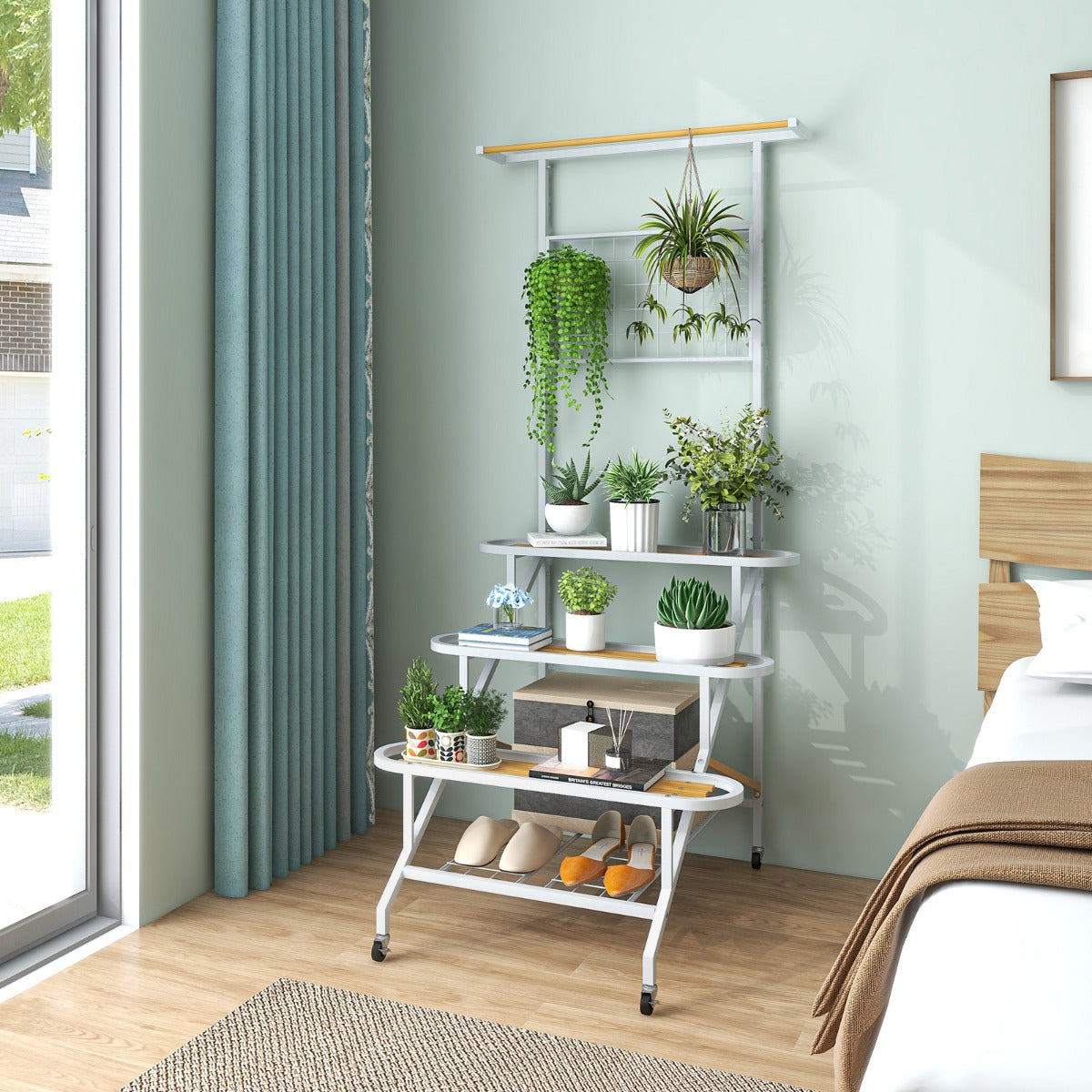 Soporte para Plantas Colgante de 4 Niveles Estante con Marco de Metal Ruedas Escalera y Barra 80 x 85 x 175 cm para Sala Balcón y Patio