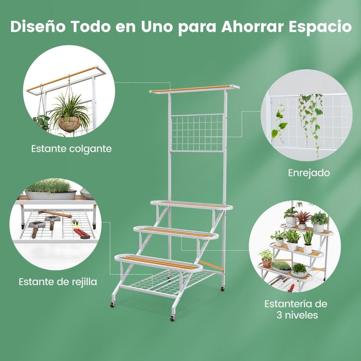 Soporte para Plantas Colgante de 4 Niveles Estante con Marco de Metal Ruedas Escalera y Barra 80 x 85 x 175 cm para Sala Balcón y Patio
