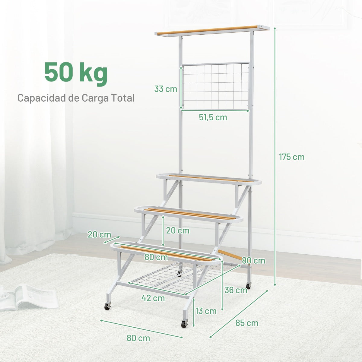 Soporte para Plantas Colgante de 4 Niveles Estante con Marco de Metal Ruedas Escalera y Barra 80 x 85 x 175 cm para Sala Balcón y Patio