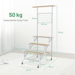 Soporte para Plantas Colgante de 4 Niveles Estante con Marco de Metal Ruedas Escalera y Barra 80 x 85 x 175 cm para Sala Balcón y Patio