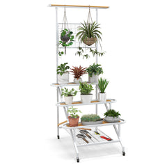 Soporte para Plantas Colgante de 4 Niveles Estante con Marco de Metal Ruedas Escalera y Barra 80 x 85 x 175 cm para Sala Balcón y Patio