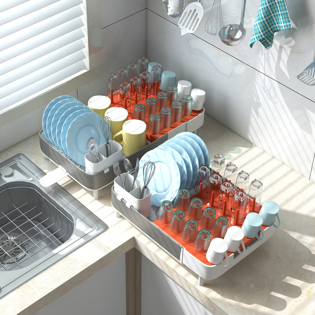 Estante para Secado de Platos Extensible con Soporte Desmontable y Barras Verticales Escurridor de Platos de Doble Parte para Cocina
