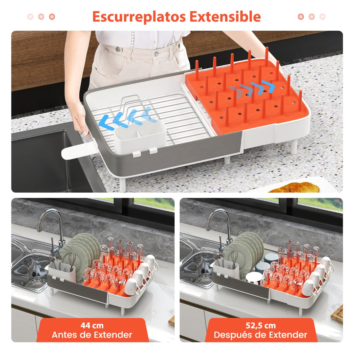 Estante para Secado de Platos Extensible con Soporte Desmontable y Barras Verticales Escurridor de Platos de Doble Parte para Cocina