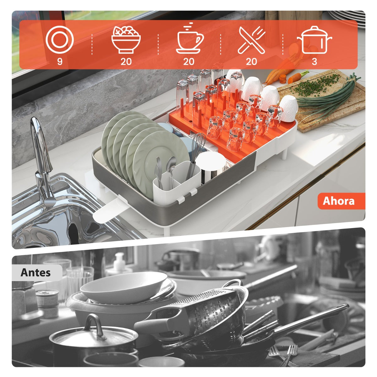 Estante para Secado de Platos Extensible con Soporte Desmontable y Barras Verticales Escurridor de Platos de Doble Parte para Cocina