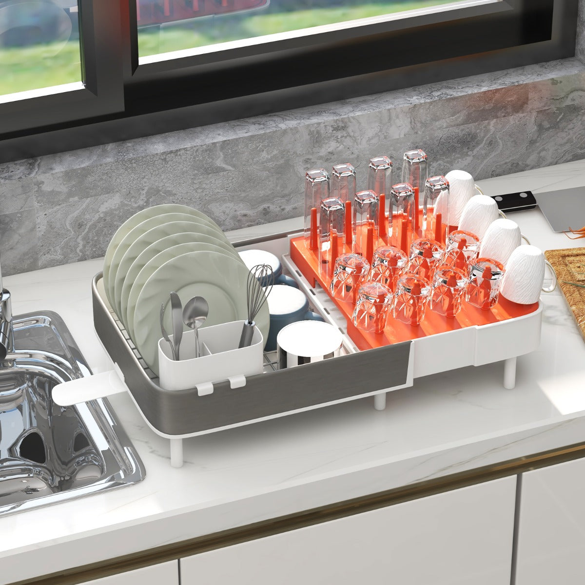 Estante para Secado de Platos Extensible con Soporte Desmontable y Barras Verticales Escurridor de Platos de Doble Parte para Cocina