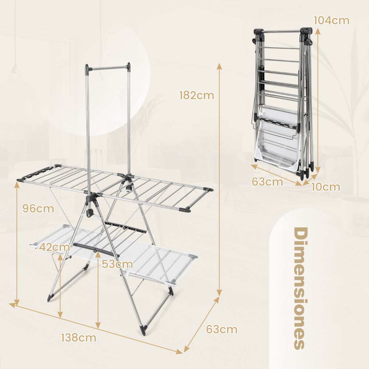 Estante de Secado de Ropa Plegable Soporte de 2 Niveles con Barra de Colgar Ala Ajustable Clips para Calcetines Gancho Interior Exterior