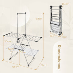 Estante de Secado de Ropa Plegable Soporte de 2 Niveles con Barra de Colgar Ala Ajustable Clips para Calcetines Gancho Interior Exterior