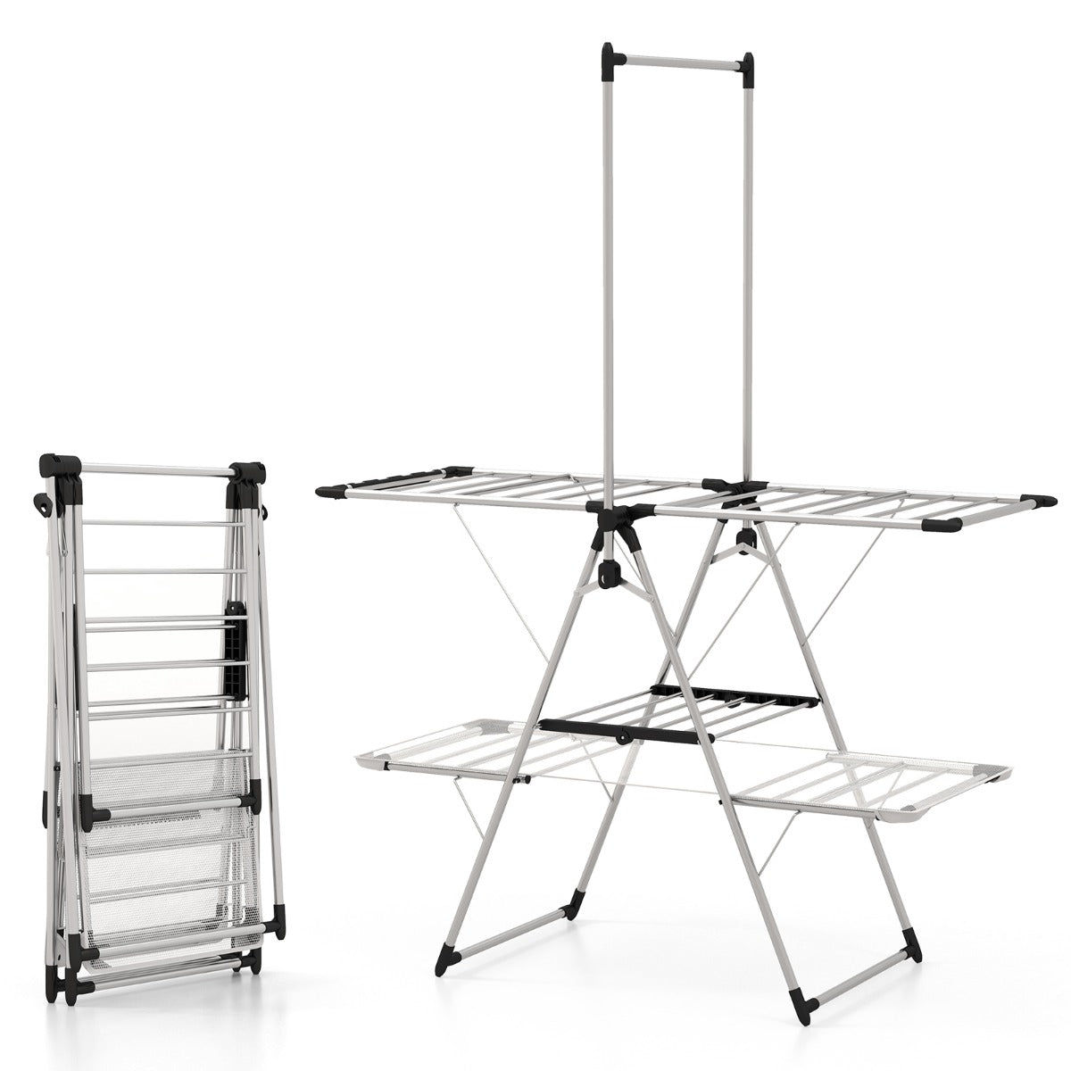 Estante de Secado de Ropa Plegable Soporte de 2 Niveles con Barra de Colgar Ala Ajustable Clips para Calcetines Gancho Interior Exterior
