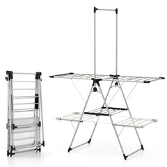 Estante de Secado de Ropa Plegable Soporte de 2 Niveles con Barra de Colgar Ala Ajustable Clips para Calcetines Gancho Interior Exterior