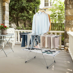 Estante de Secado de Ropa Plegable Soporte de 2 Niveles con Barra de Colgar Ala Ajustable Clips para Calcetines Gancho Interior Exterior