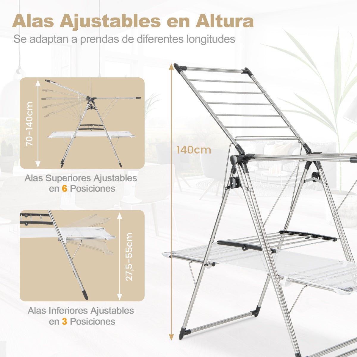 Estante de Secado de Ropa Plegable Soporte de 2 Niveles con Barra de Colgar Ala Ajustable Clips para Calcetines Gancho Interior Exterior