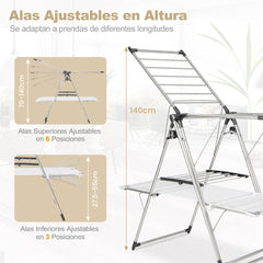 Estante de Secado de Ropa Plegable Soporte de 2 Niveles con Barra de Colgar Ala Ajustable Clips para Calcetines Gancho Interior Exterior