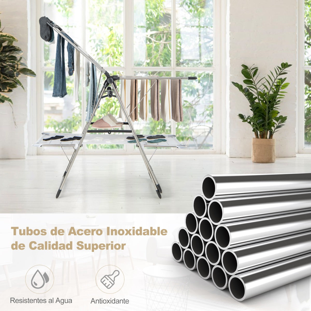 Estante de Secado de Ropa Plegable Soporte de 2 Niveles con Barra de Colgar Ala Ajustable Clips para Calcetines Gancho Interior Exterior