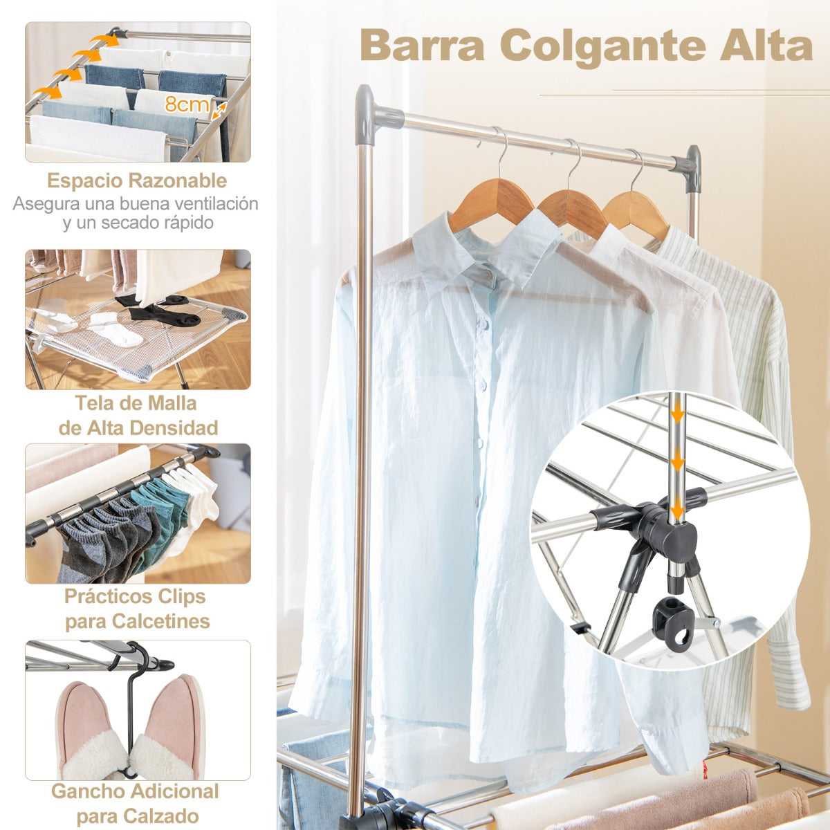 Estante de Secado de Ropa Plegable Soporte de 2 Niveles con Barra de Colgar Ala Ajustable Clips para Calcetines Gancho Interior Exterior