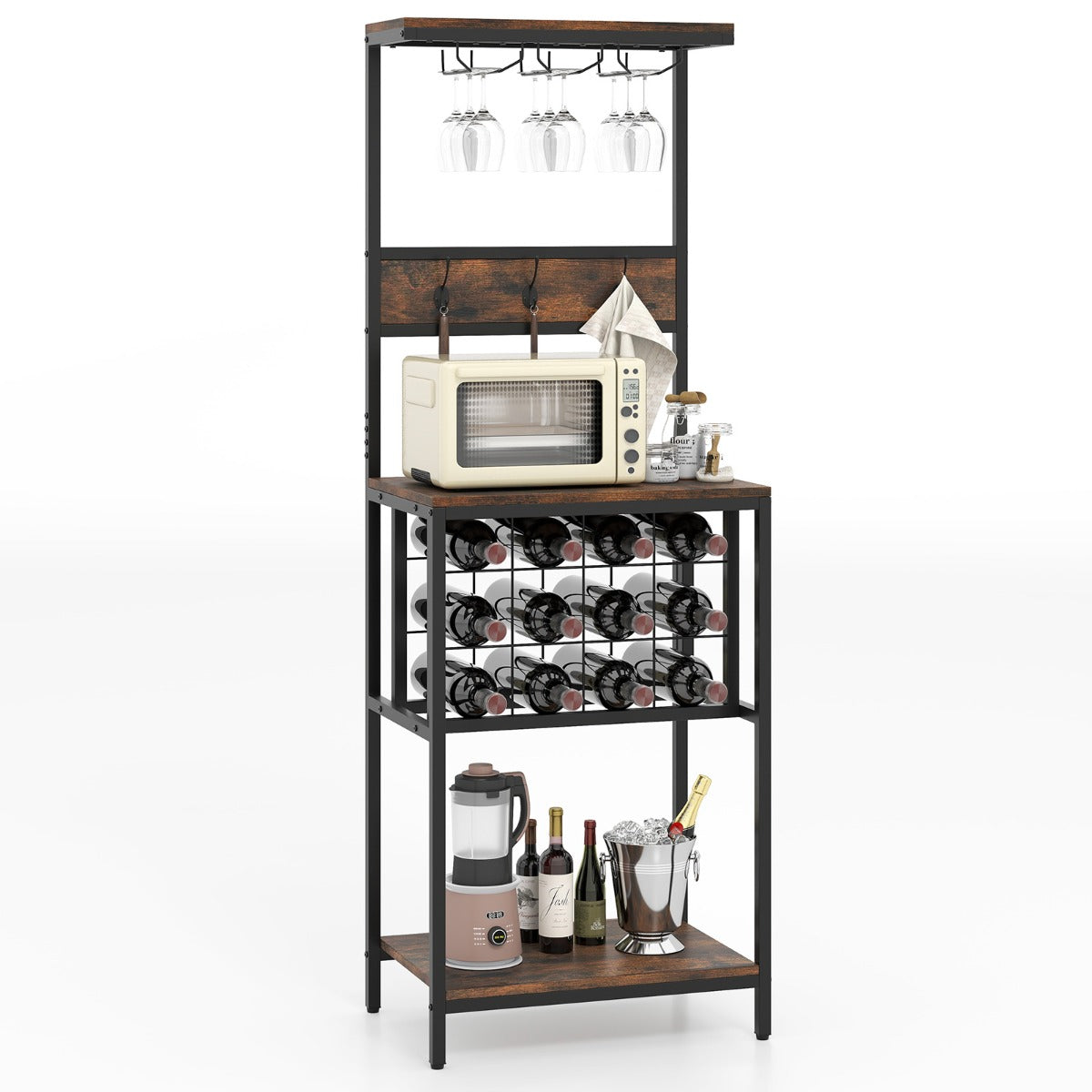 Estante para Vino Independiente con Soportes para Copas Portabotellas y Ganchos 54 x 37 x 156 cm Marrón Rústico