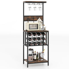 Estante para Vino Independiente con Soportes para Copas Portabotellas y Ganchos 54 x 37 x 156 cm Marrón Rústico