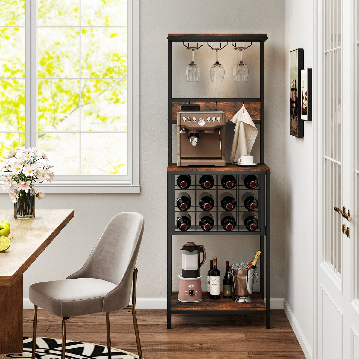 Estante para Vino Independiente con Soportes para Copas Portabotellas y Ganchos 54 x 37 x 156 cm Marrón Rústico