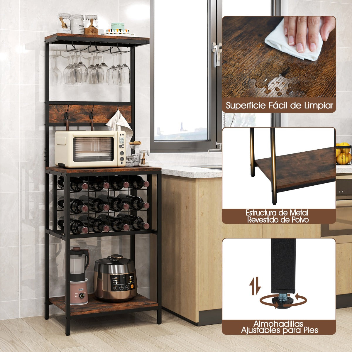 Estante para Vino Independiente con Soportes para Copas Portabotellas y Ganchos 54 x 37 x 156 cm Marrón Rústico