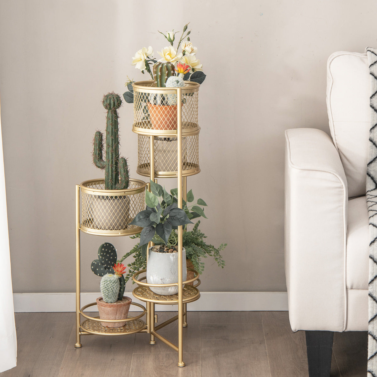 Estante Plegable de 6 Niveles para Plantas de Metal Soporte para 6 Macetas y Exhibición con Bandeja Articulada Elegante 41 x 39 x 82 cm Oro