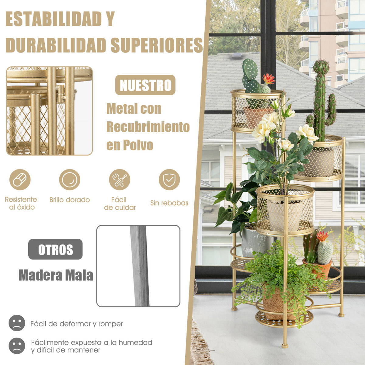 Estante Plegable de 6 Niveles para Plantas de Metal Soporte para 6 Macetas y Exhibición con Bandeja Articulada Elegante 41 x 39 x 82 cm Oro