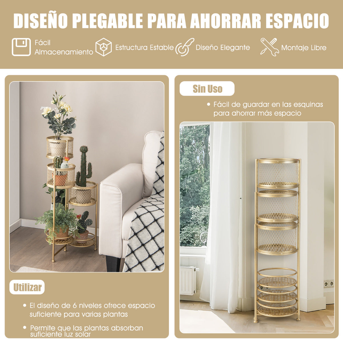 Estante Plegable de 6 Niveles para Plantas de Metal Soporte para 6 Macetas y Exhibición con Bandeja Articulada Elegante 41 x 39 x 82 cm Oro