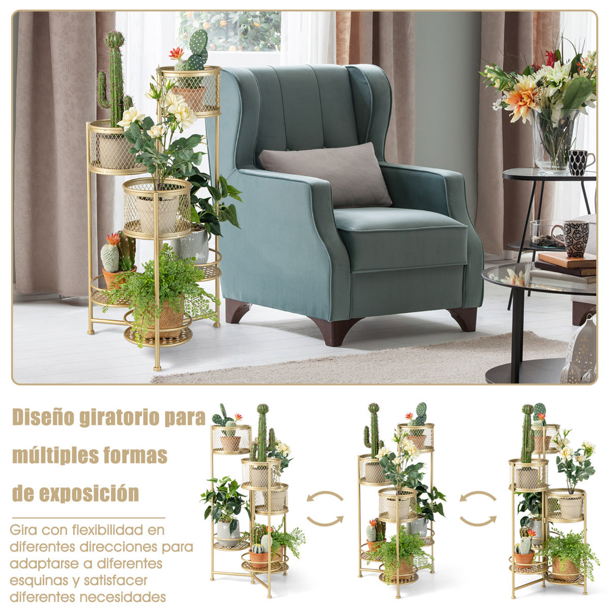 Estante Plegable de 6 Niveles para Plantas de Metal Soporte para 6 Macetas y Exhibición con Bandeja Articulada Elegante 41 x 39 x 82 cm Oro