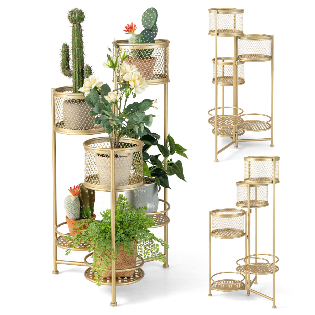 Estante Plegable de 6 Niveles para Plantas de Metal Soporte para 6 Macetas y Exhibición con Bandeja Articulada Elegante 41 x 39 x 82 cm Oro