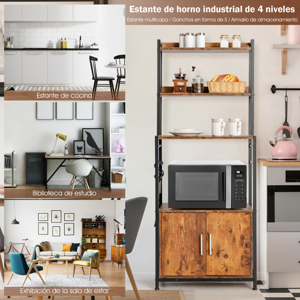 Estante 4 Niveles para Cocina con Armario Despensa Soporte Industrial para Horno de Microondas para Bar Comedor 60 x 40 x 150 cm Marrón