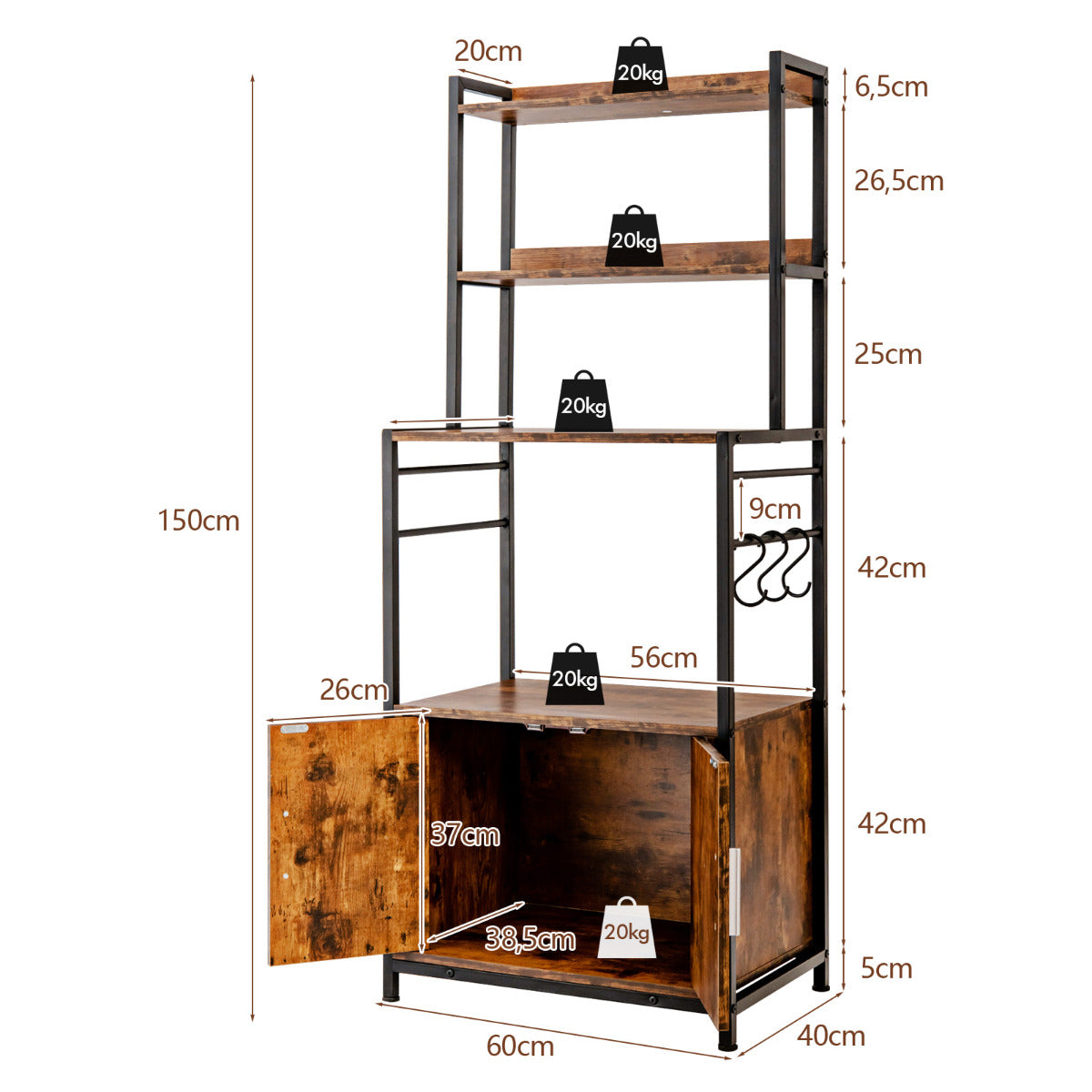 Estante 4 Niveles para Cocina con Armario Despensa Soporte Industrial para Horno de Microondas para Bar Comedor 60 x 40 x 150 cm Marrón