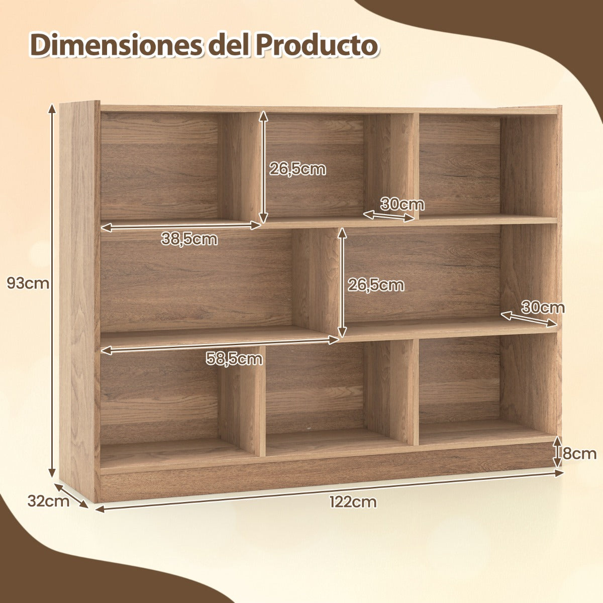 Estantería Abierta de 3 Niveles Armario de Exhibición de Estanterías de Almacenamiento de 8 Cubos 122 x 32 x 93 cm Natural