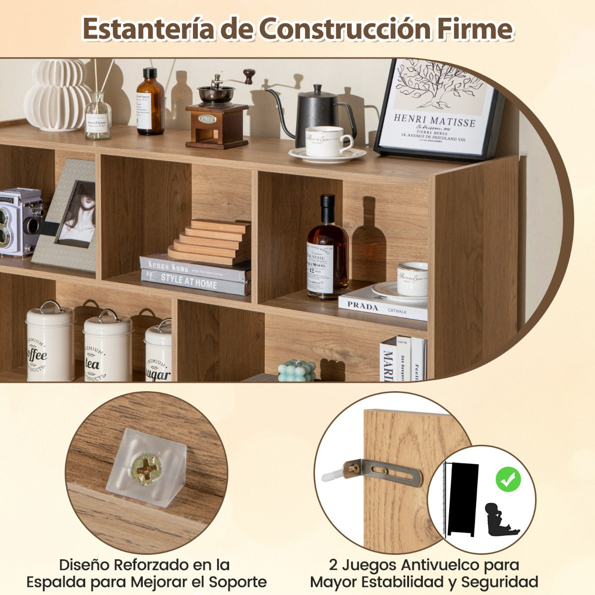 Estantería Abierta de 3 Niveles Armario de Exhibición de Estanterías de Almacenamiento de 8 Cubos 122 x 32 x 93 cm Natural
