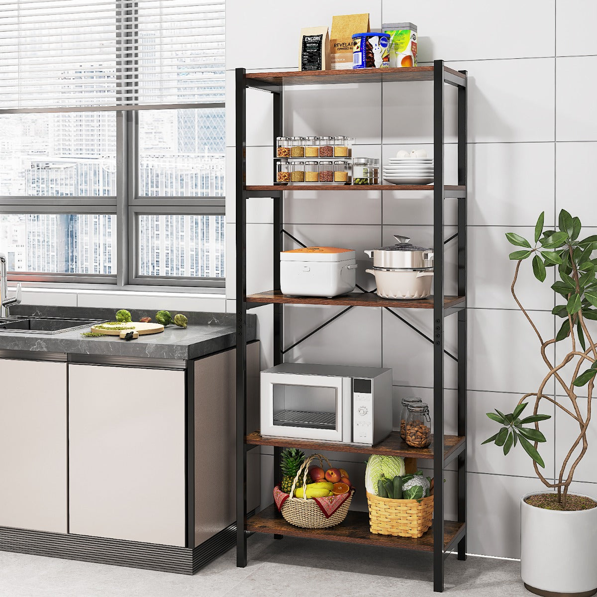 Estantería de 5 Niveles Librería con Marco Metálico y Doble Sistema Antivuelco Mueble de Almacenamiento para Oficina Sala de Estar Marrón