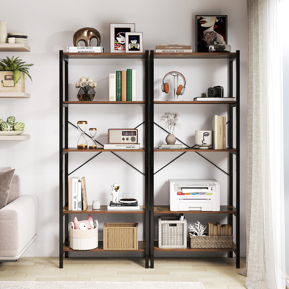 Estantería de 5 Niveles Librería con Marco Metálico y Doble Sistema Antivuelco Mueble de Almacenamiento para Oficina Sala de Estar Marrón