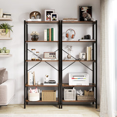 Estantería de 5 Niveles Librería con Marco Metálico y Doble Sistema Antivuelco Mueble de Almacenamiento para Oficina Sala de Estar Marrón