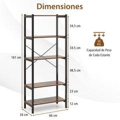 Estantería de 5 Niveles Librería con Marco Metálico y Doble Sistema Antivuelco Mueble de Almacenamiento para Oficina Sala de Estar Marrón