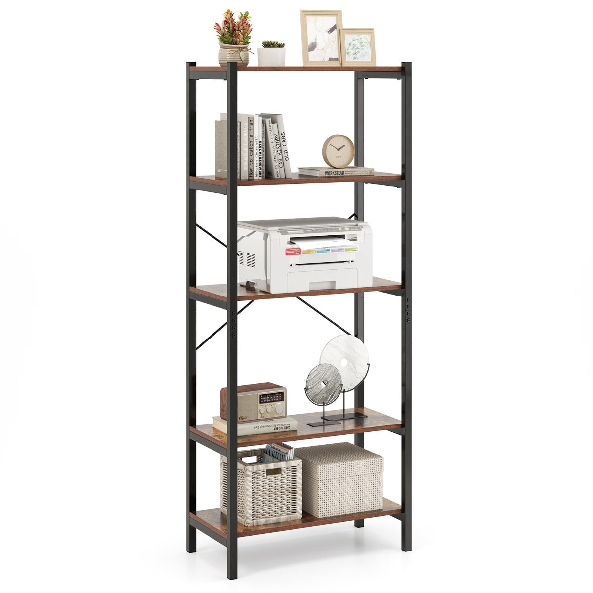 Estantería de 5 Niveles Librería con Marco Metálico y Doble Sistema Antivuelco Mueble de Almacenamiento para Oficina Sala de Estar Marrón