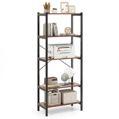 Estantería de 5 Niveles Librería con Marco Metálico y Doble Sistema Antivuelco Mueble de Almacenamiento para Oficina Sala de Estar Marrón