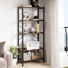Estantería de 5 Niveles Librería con Marco Metálico y Doble Sistema Antivuelco Mueble de Almacenamiento para Oficina Sala de Estar Marrón