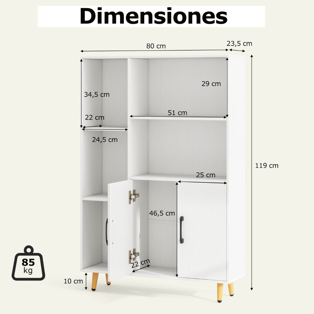 Estantería con Puertas Dobles Estante de Piso con 5 Compartimentos Abiertos Gabinete de Exhibición para Sala de Estar Estudio Blanco