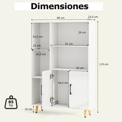 Estantería con Puertas Dobles Estante de Piso con 5 Compartimentos Abiertos Gabinete de Exhibición para Sala de Estar Estudio Blanco