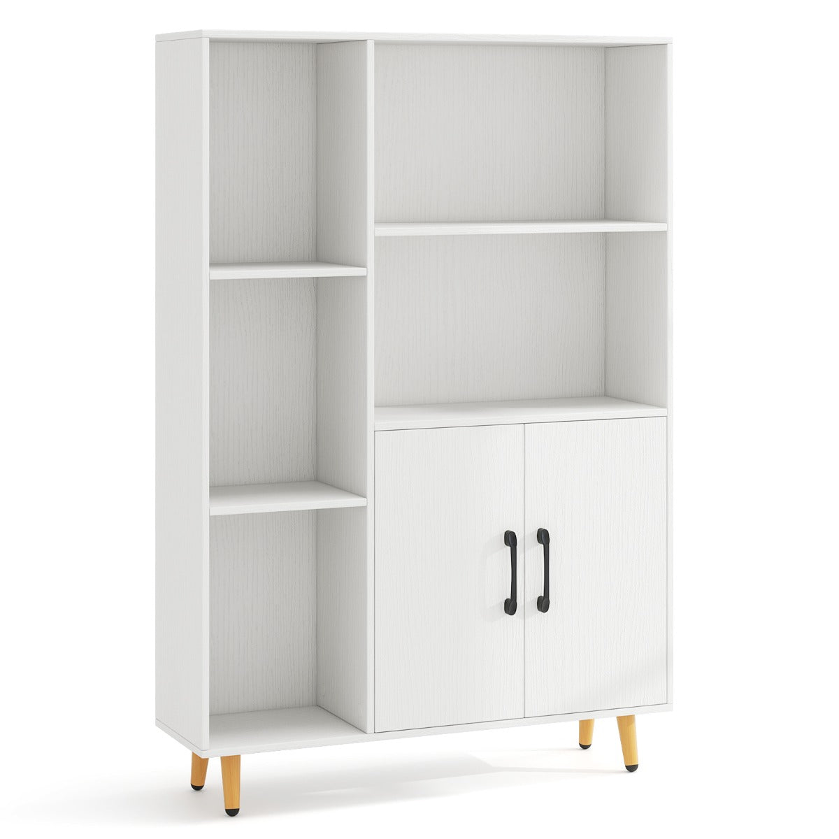 Estantería con Puertas Dobles Estante de Piso con 5 Compartimentos Abiertos Gabinete de Exhibición para Sala de Estar Estudio Blanco