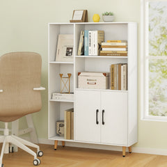 Estantería con Puertas Dobles Estante de Piso con 5 Compartimentos Abiertos Gabinete de Exhibición para Sala de Estar Estudio Blanco