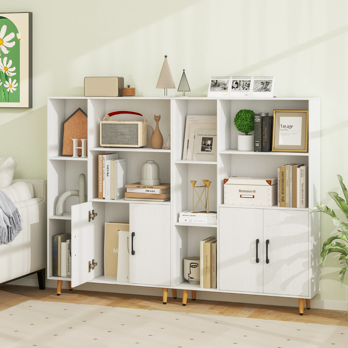 Estantería con Puertas Dobles Estante de Piso con 5 Compartimentos Abiertos Gabinete de Exhibición para Sala de Estar Estudio Blanco