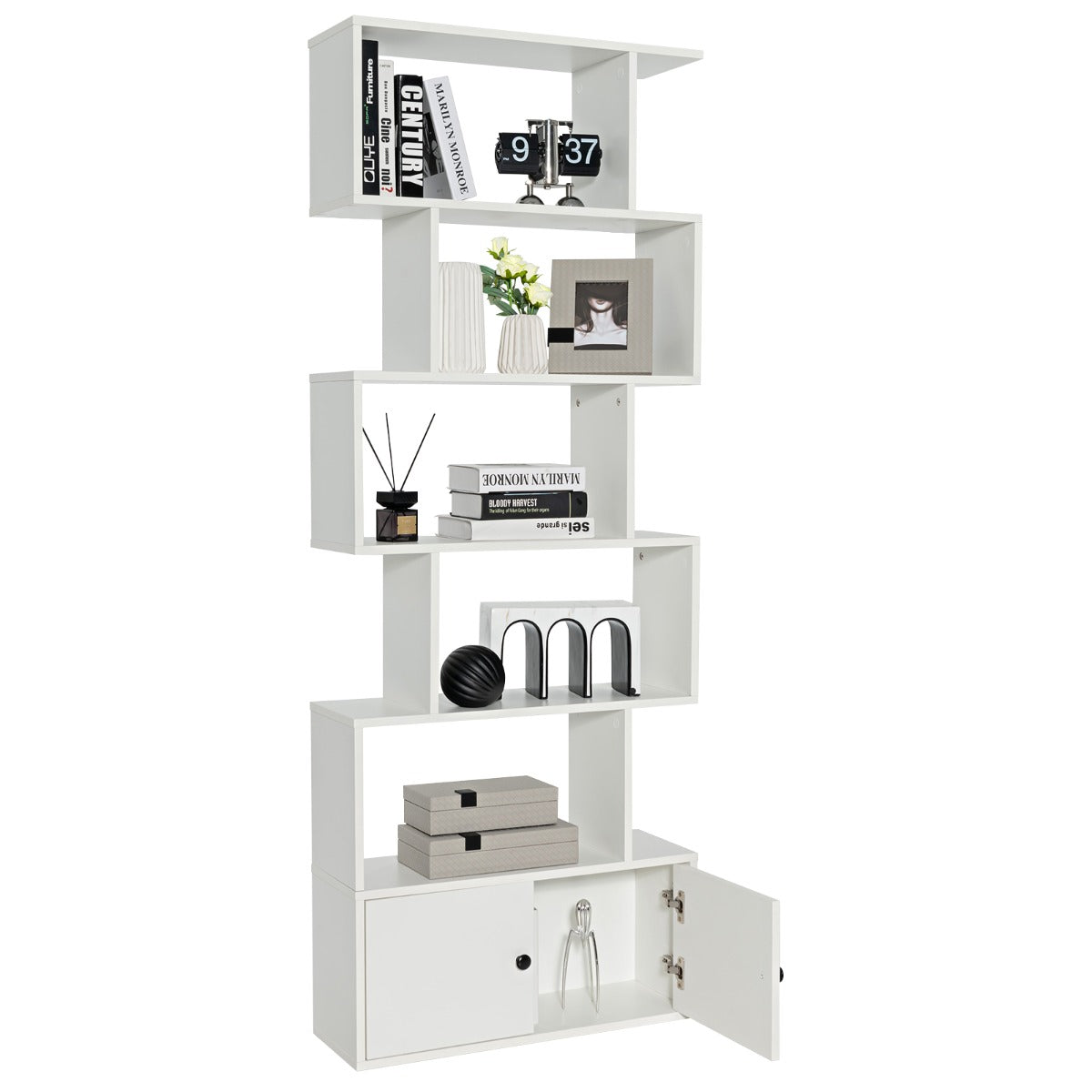 Estantería en Forma de S de 6 Niveles con Armario Estantes Decorativos para Salón Oficina 70 x 23 x 183 cm Blanco