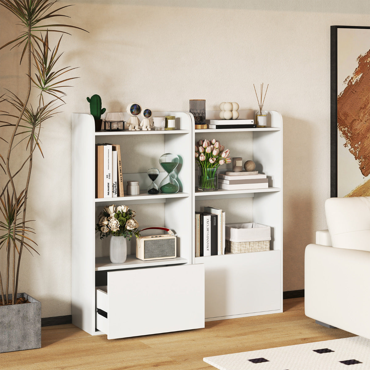 Estantería con Cajón Librería Independiente con Estante Abierto de 3 Niveles Estante para Sala de Estar Estudio Cocina Oficina-Blanco