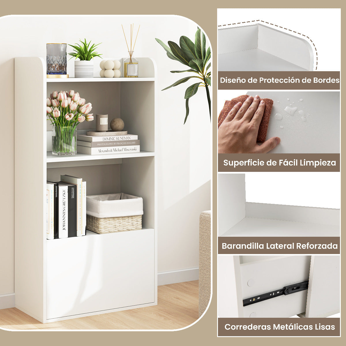 Estantería con Cajón Librería Independiente con Estante Abierto de 3 Niveles Estante para Sala de Estar Estudio Cocina Oficina-Blanco