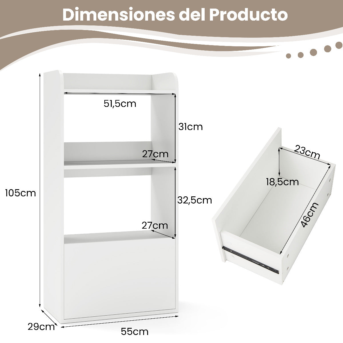 Estantería con Cajón Librería Independiente con Estante Abierto de 3 Niveles Estante para Sala de Estar Estudio Cocina Oficina-Blanco
