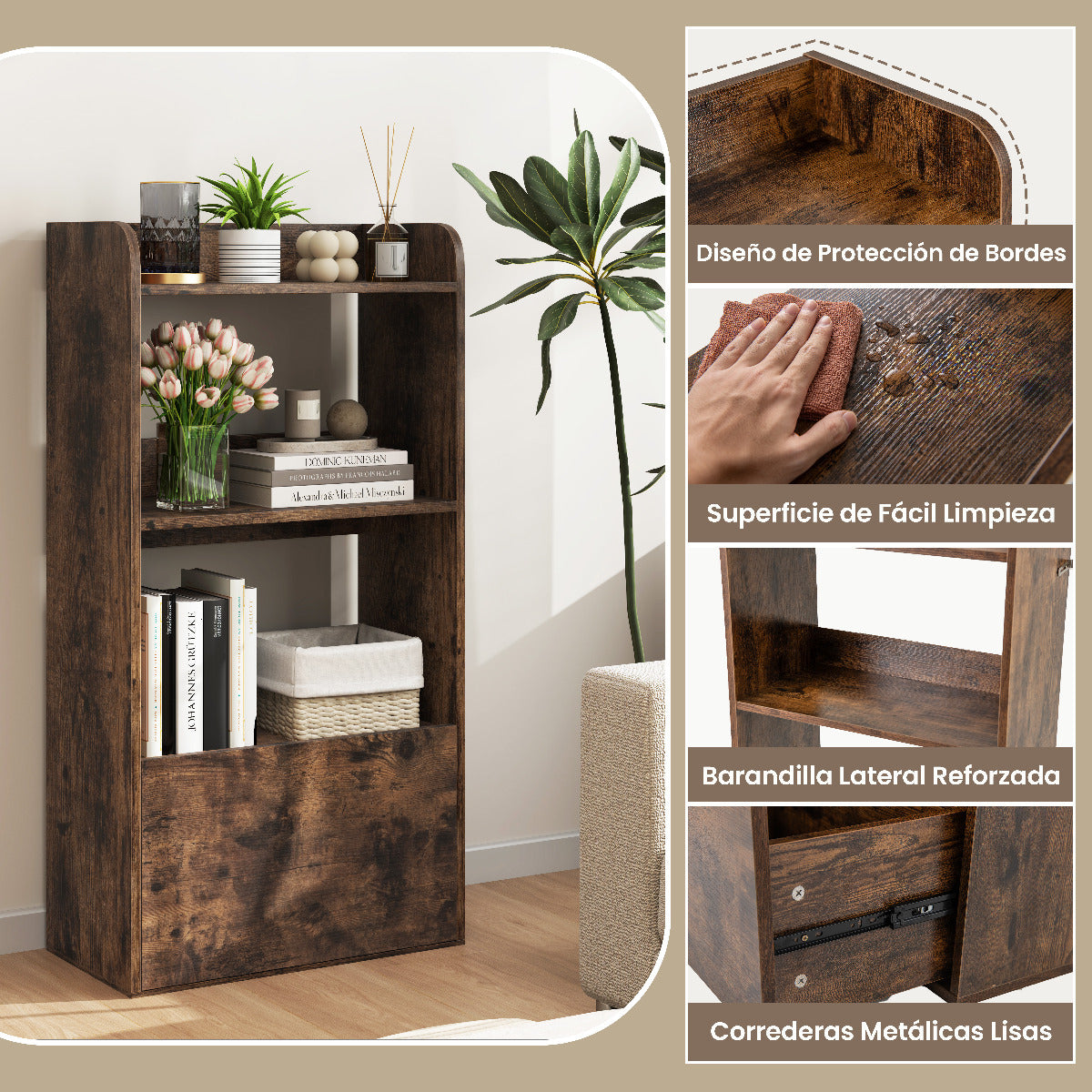 Estantería con Cajón Librería Independiente con Estante Abierto de 3 Niveles Estante para Sala de Estar Estudio Cocina Oficina-Marrón